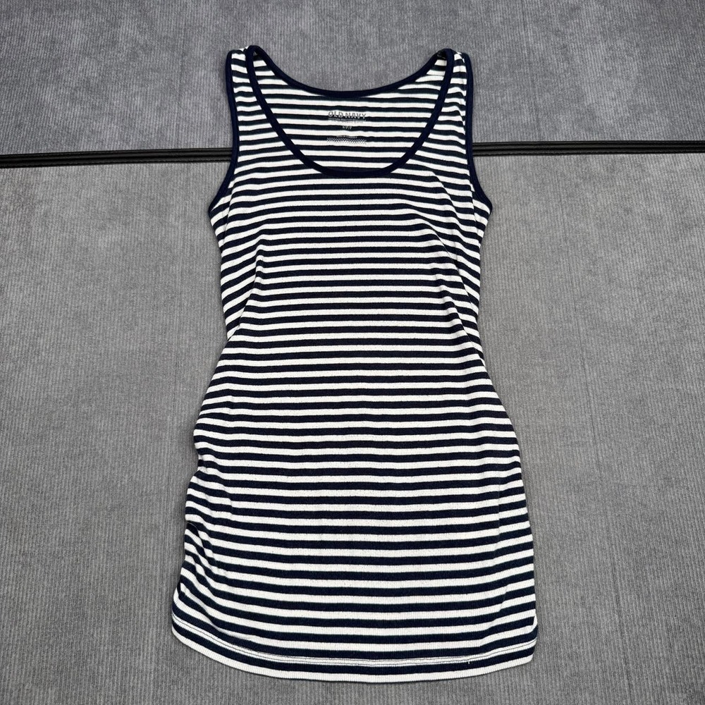 Old Navy Maternity Tank y2k Top Small Navy Blue White Striped Ruched Ribbed Knit